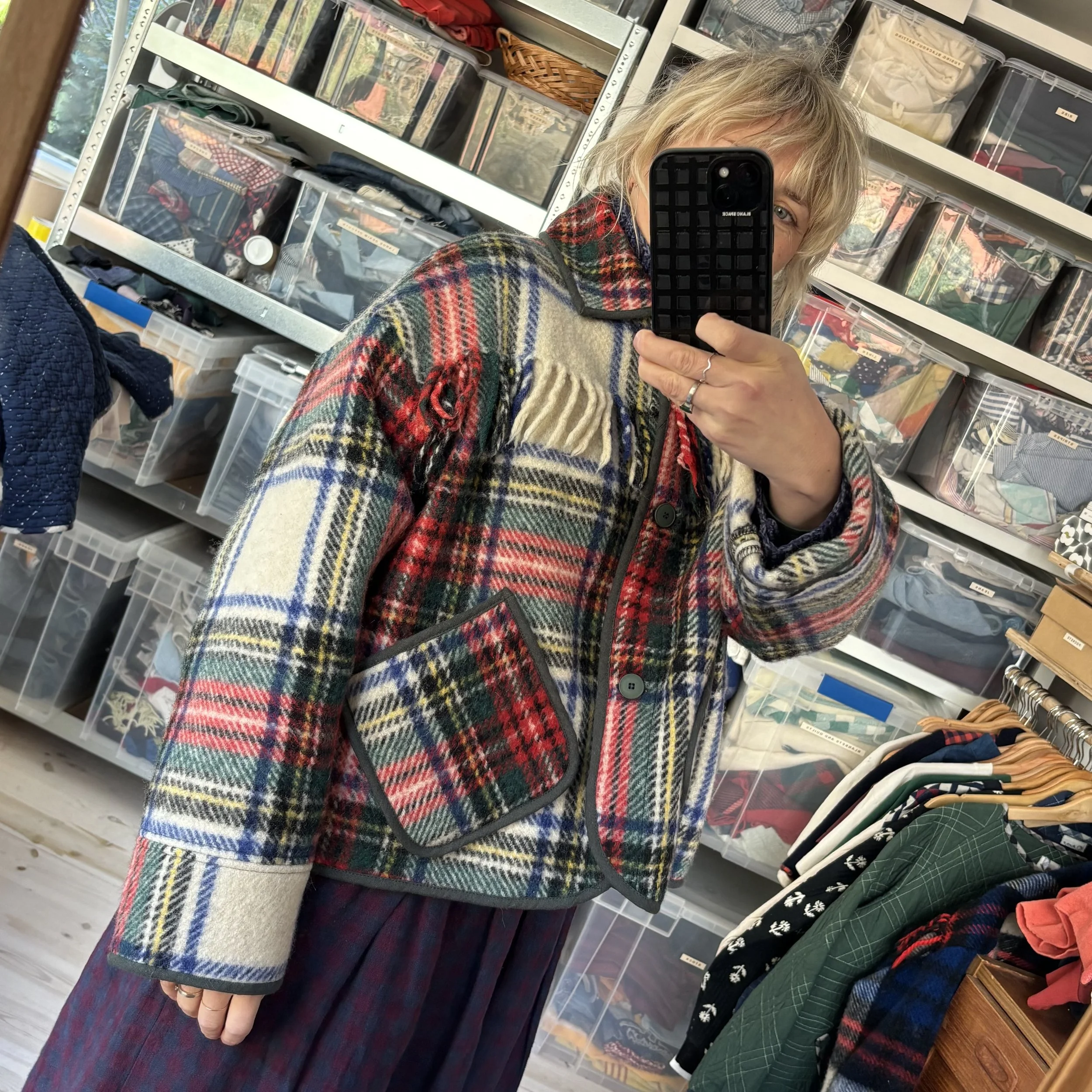 Women's Ecru/green check Blanket Jacket - Medium — O Moon